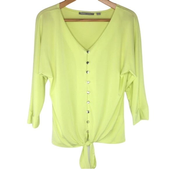 Valerie Stevens neon bright yellow tie front silver button v neck top wms small - Picture 1 of 6